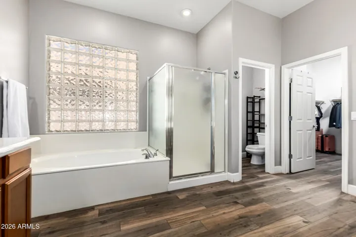 Expansive primary bath featuring separate tub and shower.