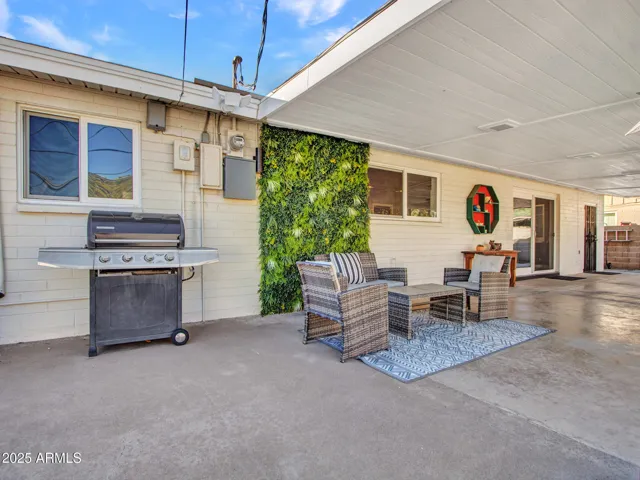 Artificial living accent wall adds greenery to the back patio