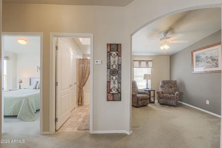 Guest area to the left, guest bathroom and office or den to the right