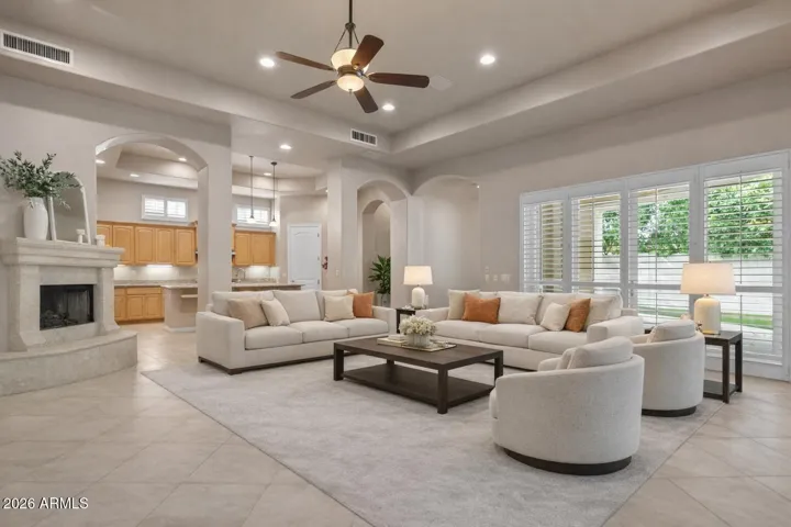 Large Great Room With Custom Fire Place Mantel & lots of Natural Light