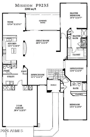View of the Mission Floor Plan with room diamentions. The breakfast noon is extended.