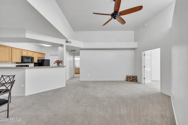 The high vaulted ceiling make this open concept feel spacious