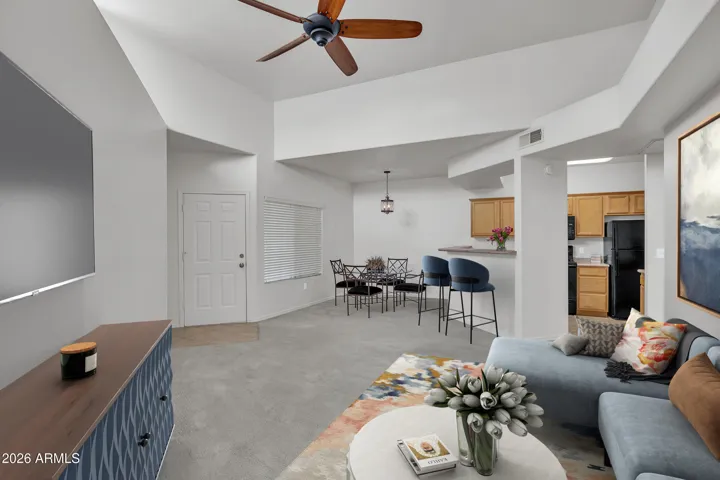 The high vaulted ceiling make this open concept feel spacious