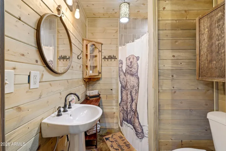 Cozy bathroom with wood finishes and cabin-style details.