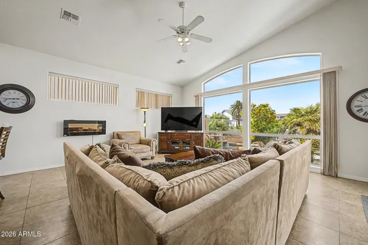 Dynamic views from the great room out over the water. Notice the wall fireplace for cozy nights.