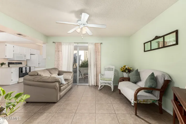 Spacious Living Room and Beautiful Views outside to the Large Shady Patio with Mountain Views