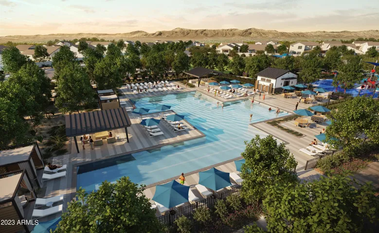 Rendering of community center area-clubhouse with fitness center, pool, splashpad & parks!