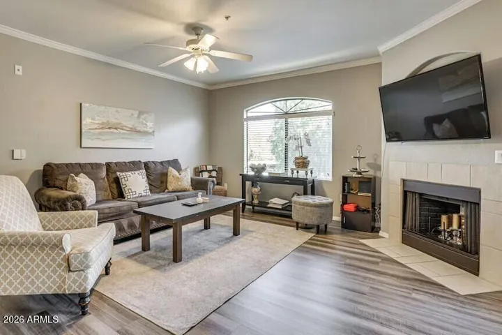 Wood burning fireplace and plenty of light!