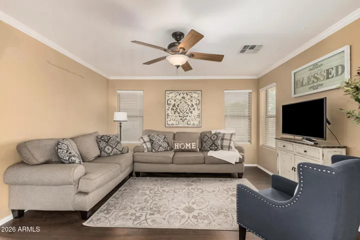 Crown molding frames the room