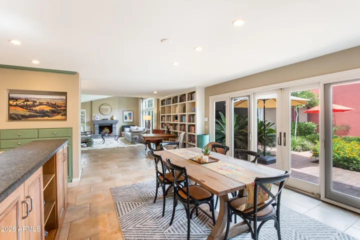 Looks out to the lush courtyard.