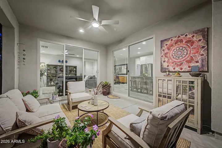 Charming covered patio with easy access to Great Room and Kitchen