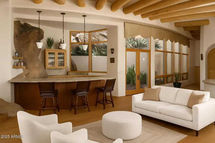Virtually Staged Bar built into Mummy Mountain featuring a natural stone protruding through Mummy Mountian into the home.
