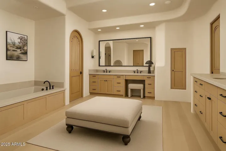 Virtually Staged Primary Bathroom - Unwind in this spa-inspired primary bathroom featuring dual vanities, a built-in makeup counter, and a luxurious soaking tub with stone surround. Southwestern design meets comfort in this beautifully appointed space within an elegant Arizona estate.