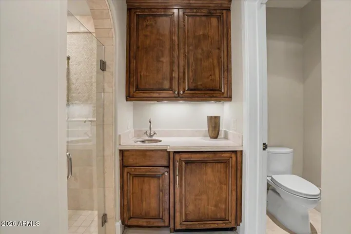 Coffee bar with sink and fridge in primary bathroom.