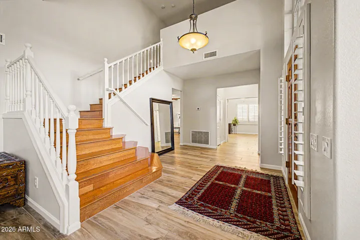 Wood looking tile encompasses the first floor