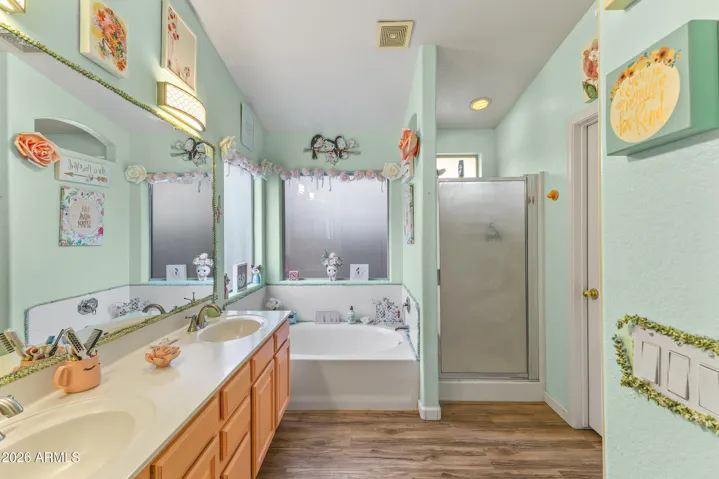 Double sinks, Garden tub, and walk-in shower