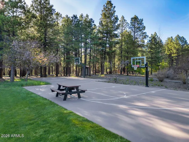 Nearby basketball court and recreation area surrounded by beautiful forest scenery, offering active outdoor amenities in Flagstaff.