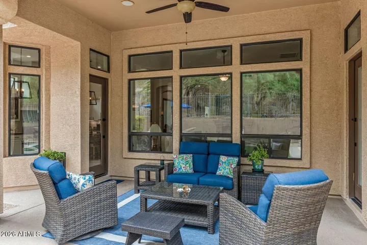 Deep patio wit pebble tech and fan. Great for entertaining!