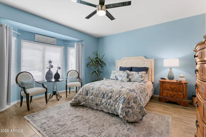 Large bedroom with bay window.