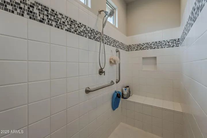 Walk in Tile Shower with Rainfall feature and Bench