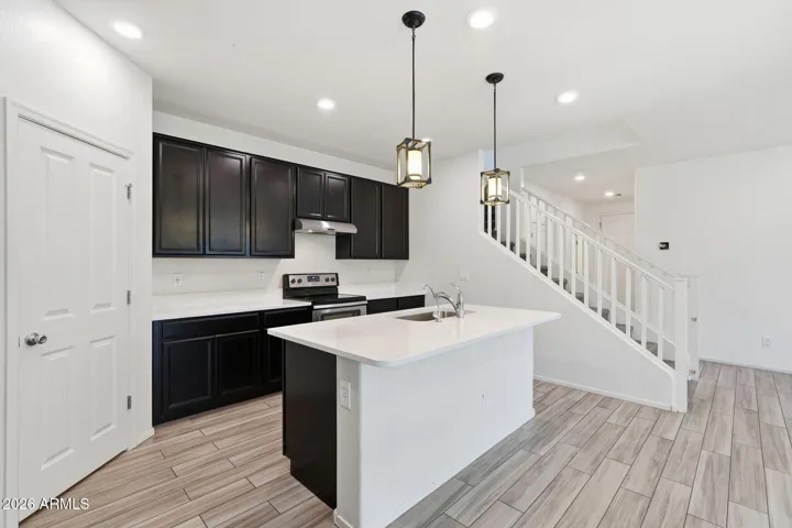 Kitchen features Quartz counters, stainless steel appliances, walk-in pantry, pendant lighting, recessed lighting