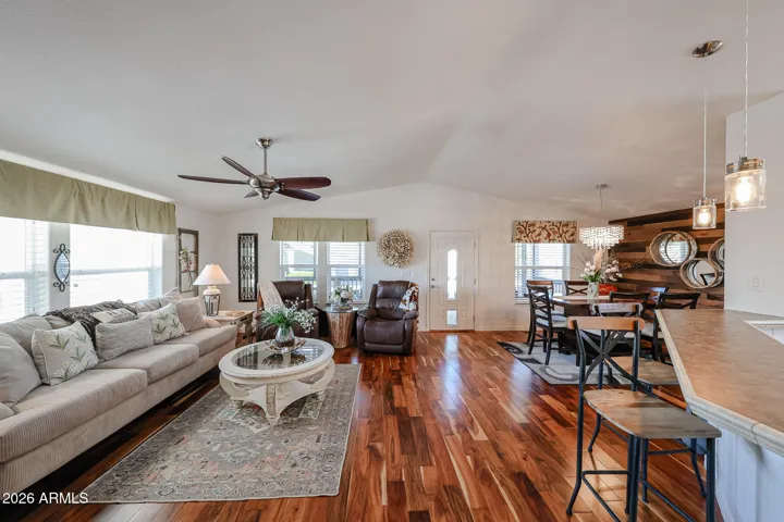 barstools at kitchen counter, ceiling fan