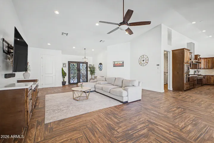 Great room layout with kitchen open to family and dining areas