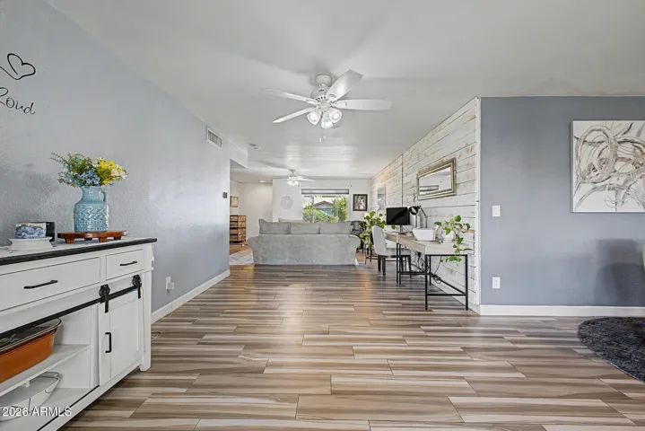 Dining area overlooking living room