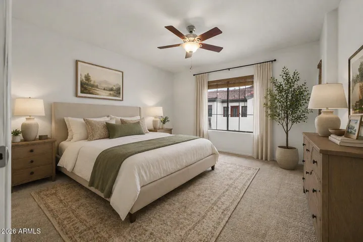 Virtually Staged Bedroom 1 with Walk In Closet, Full Bath & Private Balcony