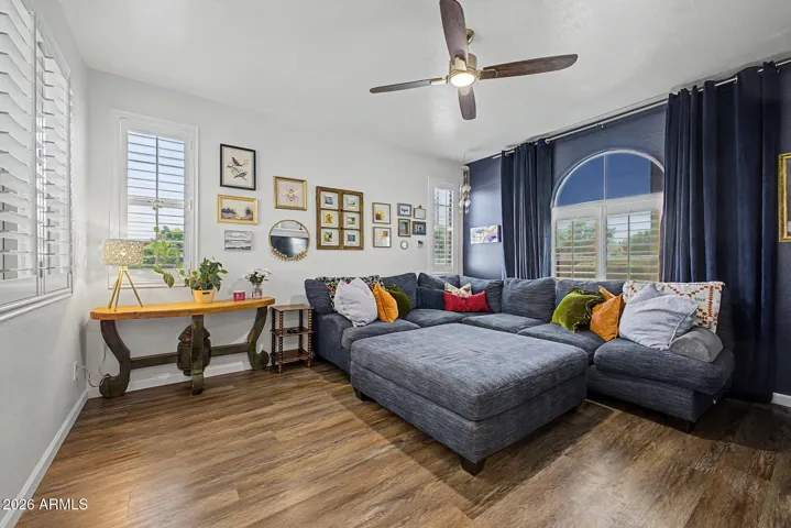 Family room with plantation shutters