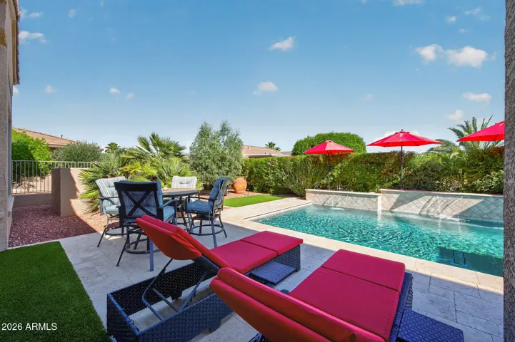 Notice all of the sitting areas around the pool.