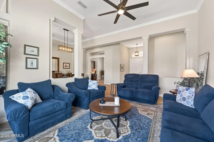 The den and dining room are right off the living room.