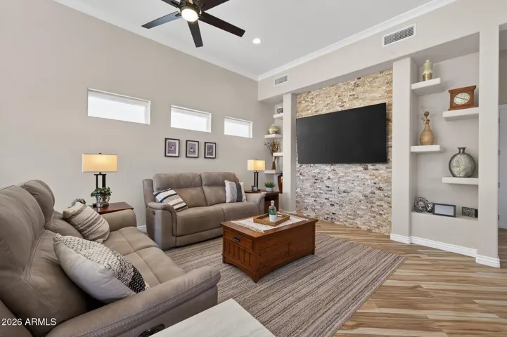 Stack stone adds a touch of class to the Family Room.