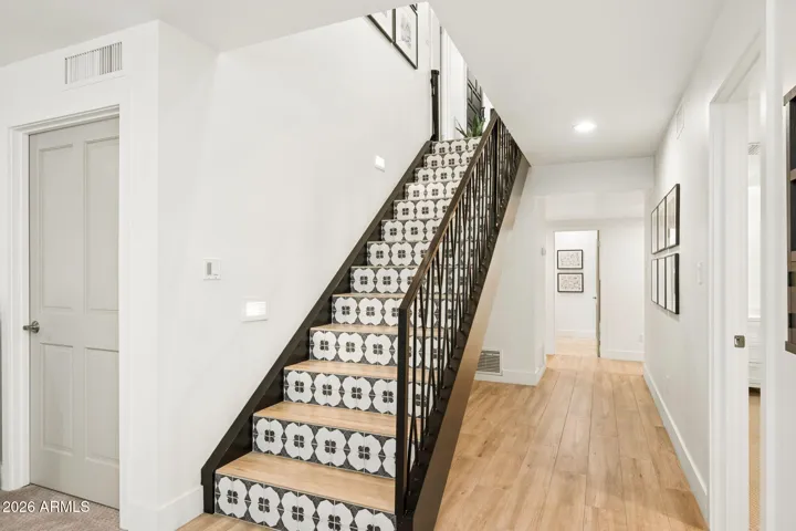 patterned tile stair risers turn a simple staircase into a design moment.
