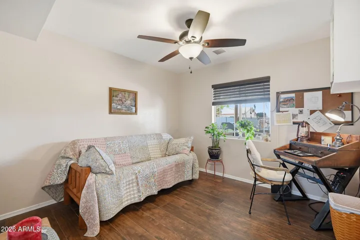 Enjoy easy-care tile flooring in this bedroom