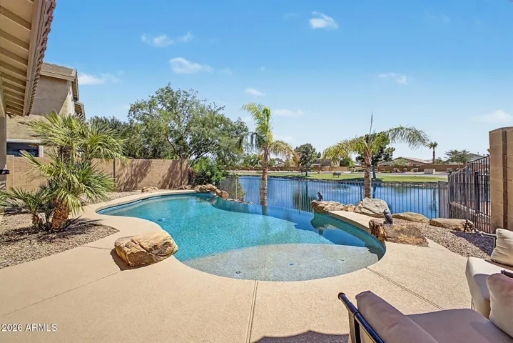 Perfectly sized play pool with baja deck provides year round entertainment.