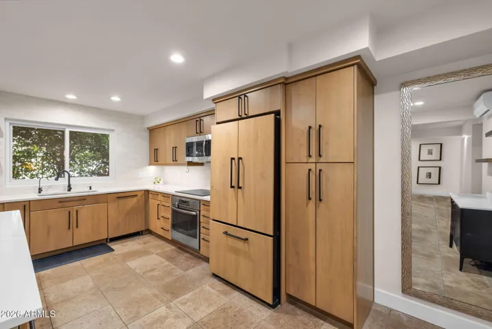 Microwave, Oven, Fridge and cabinets