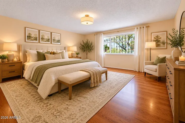 Virtually staged primary bedroom.