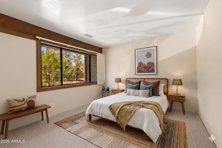 Sweet Guest Bedroom with a view [staged virtually with painting of Cathedral Rock]