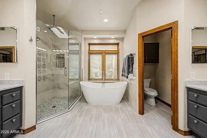 Large Tiled Walk-in Shower w/Bench Seating | Ceiling-Mounted Rain Shower Head |Freestanding Deep Soaking Tub
