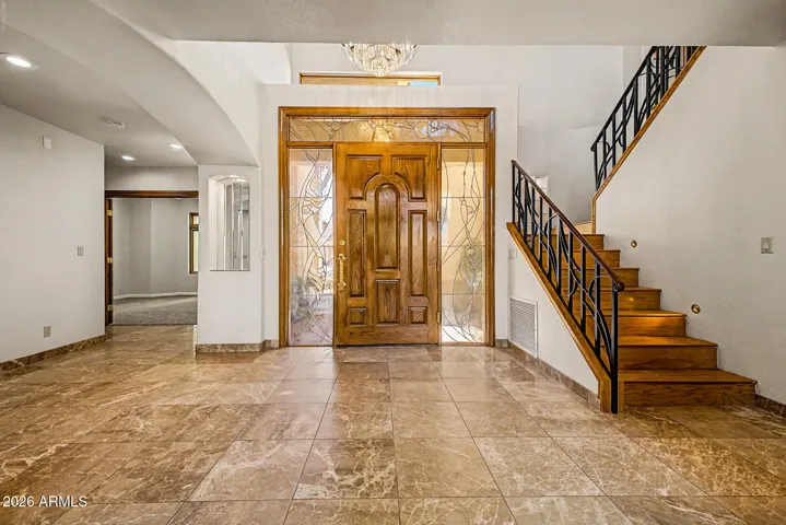 Solid 8ft Wood Entry Door w/Stained-Glass Detail | Art niches with Dimmers