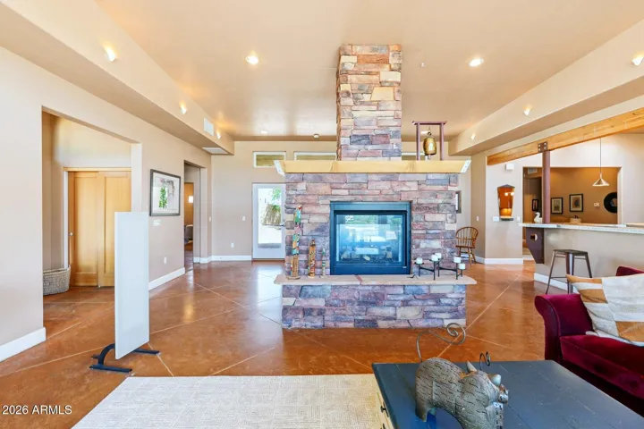 Living room view towards fireplace