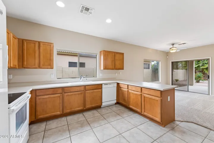 Large kitchen opens to the dining and family room.