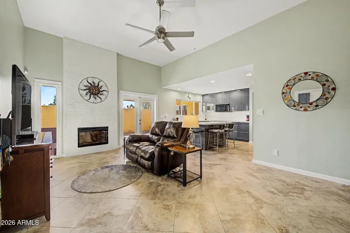 LIVING ROOM + OPEN KITCHEN + FIREPLACE