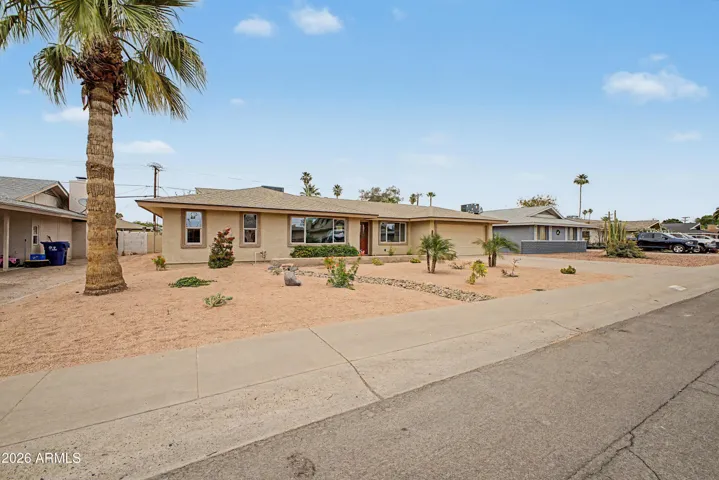 Expansive front yard with desert landscaping, decorative rock accents, and mature palm trees enhancing the home’s curb appeal.