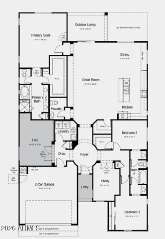 Additional highlights include: 2' garage extension, 10' ceilings, 8' interior doors, garage service door, tile flooring throughout, utility sink in the garage, pots and pans drawer, comfortheight toilets, and 2" faux wood blinds.