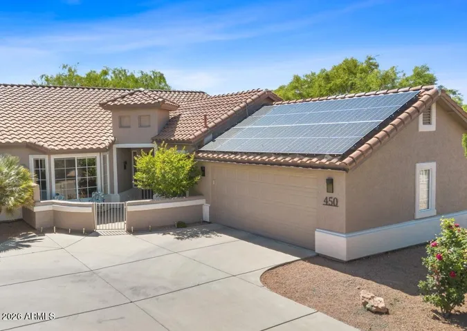 Equipped with 21 leased solar panels, offering enhanced energy efficiency and the benefit of consistently lower electric costs.