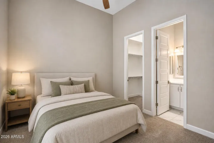 Equipped with plantation shutters and a spacious walk-in closet