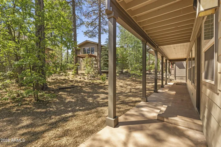 Refreshed yard with surrounding pine trees.
