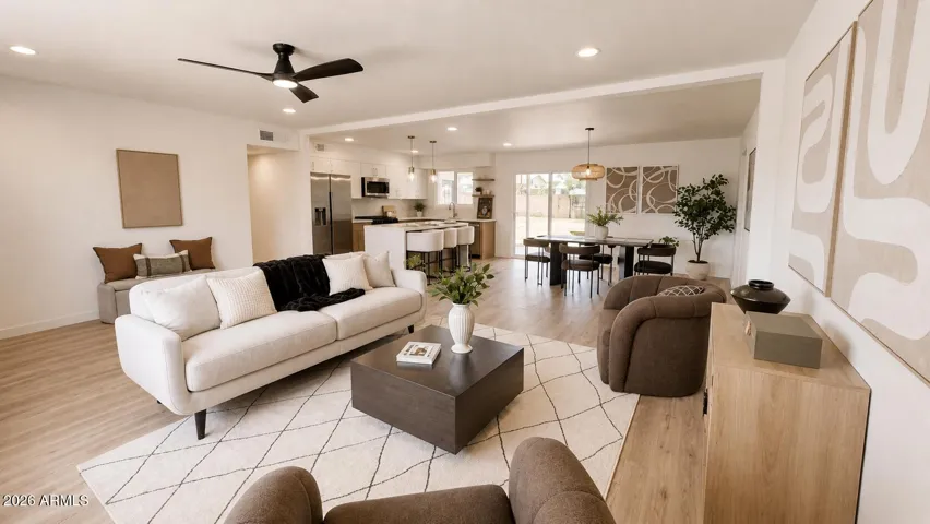 open to kitchen and dining area